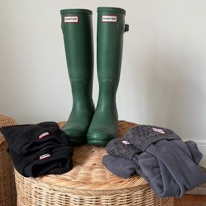 Tall original matte green Hunter boots plus two pairs of boot socks!!!